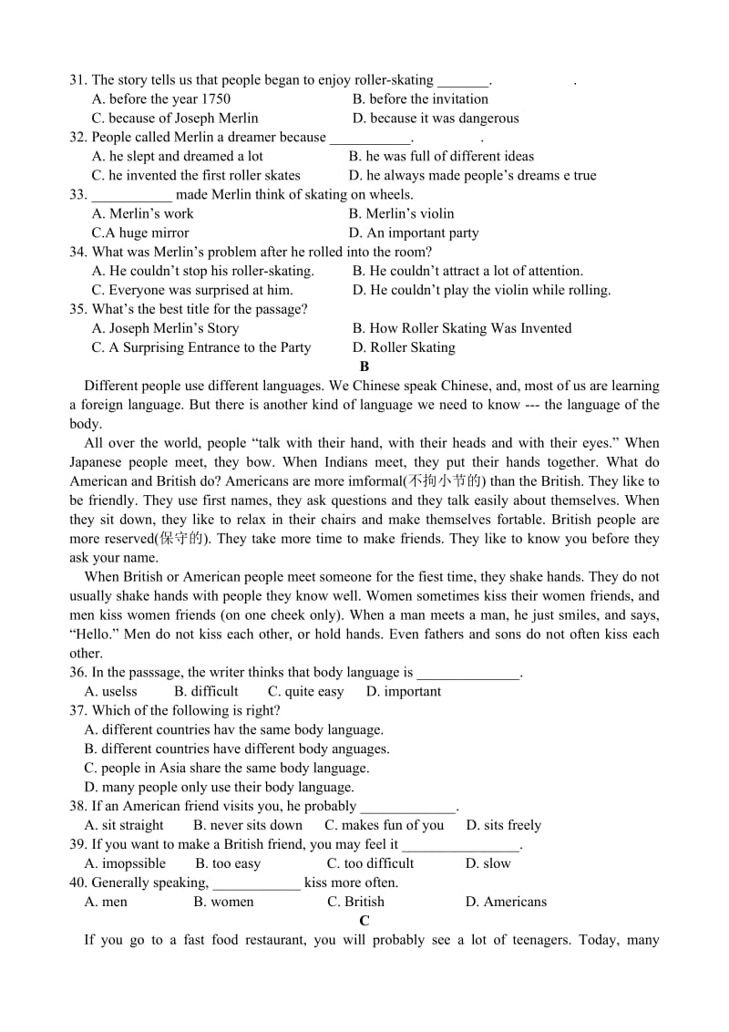 2019-2020年高一上学期第一学段质量监测英语试题 含答案.doc_第2页