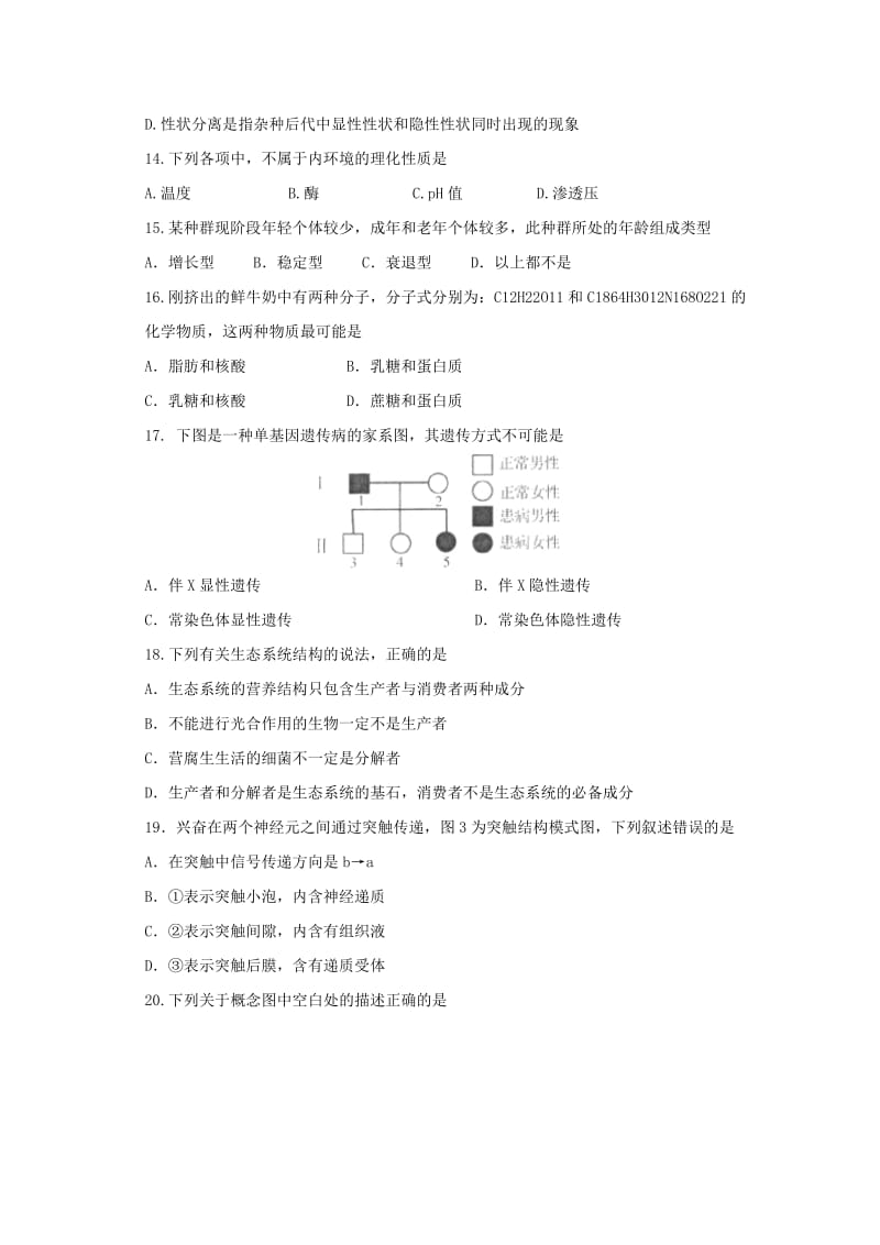 2019-2020年高二生物6月份学业水平会考模拟试题.doc_第3页