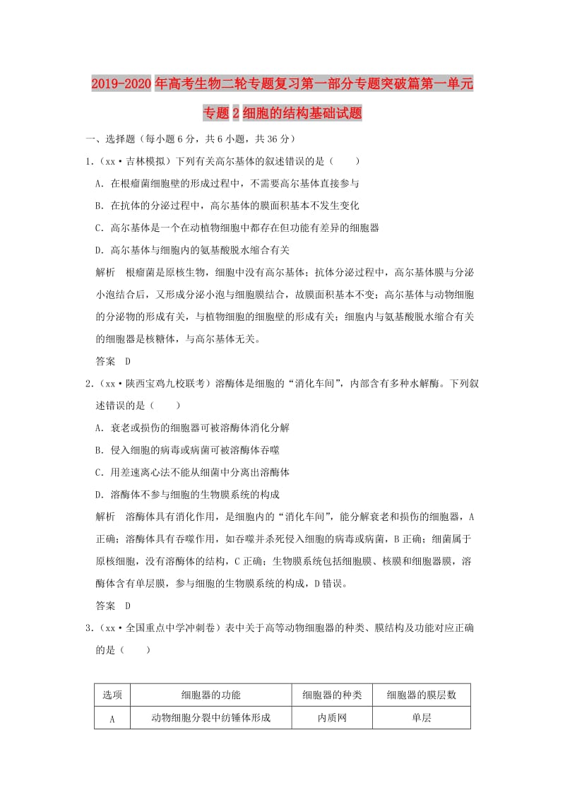 2019-2020年高考生物二轮专题复习第一部分专题突破篇第一单元专题2细胞的结构基础试题.doc_第1页