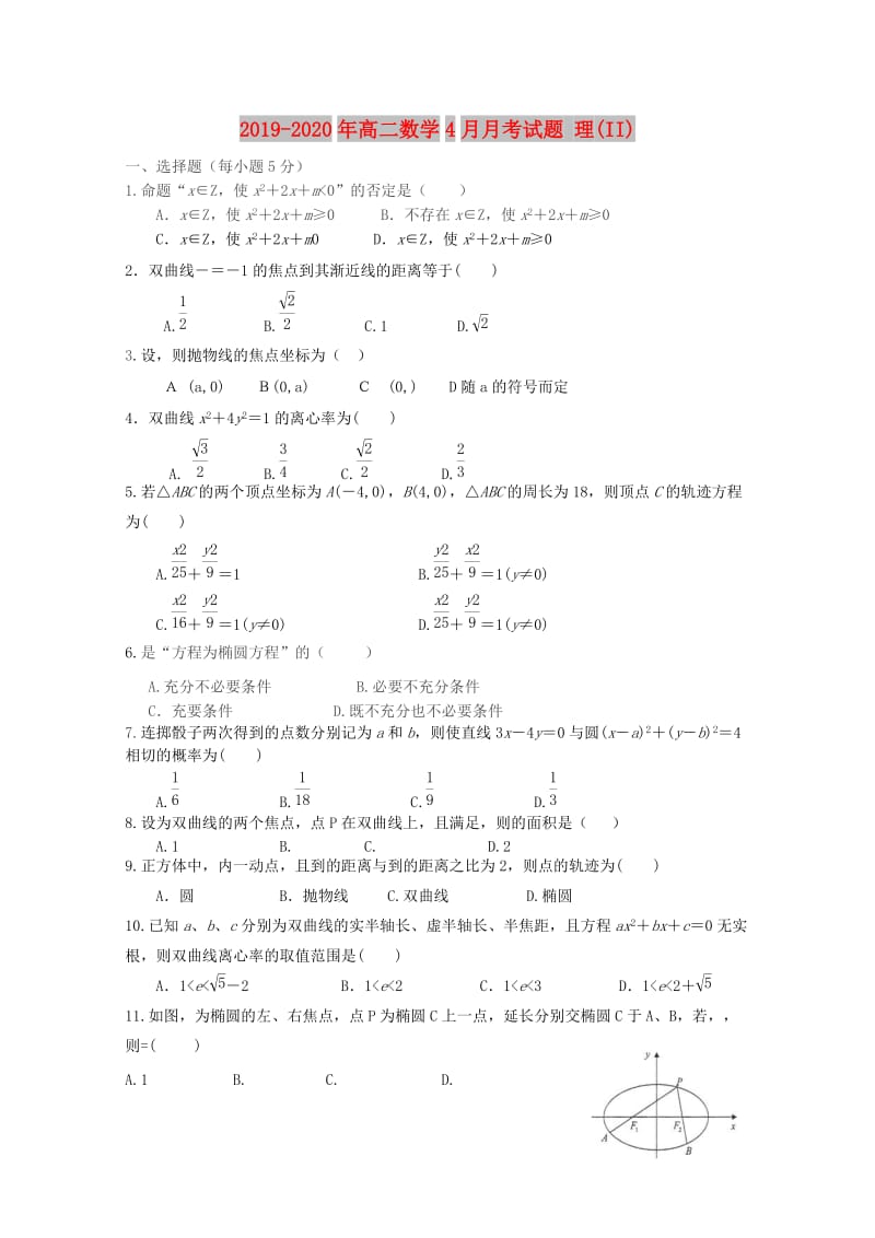 2019-2020年高二数学4月月考试题 理(II).doc_第1页