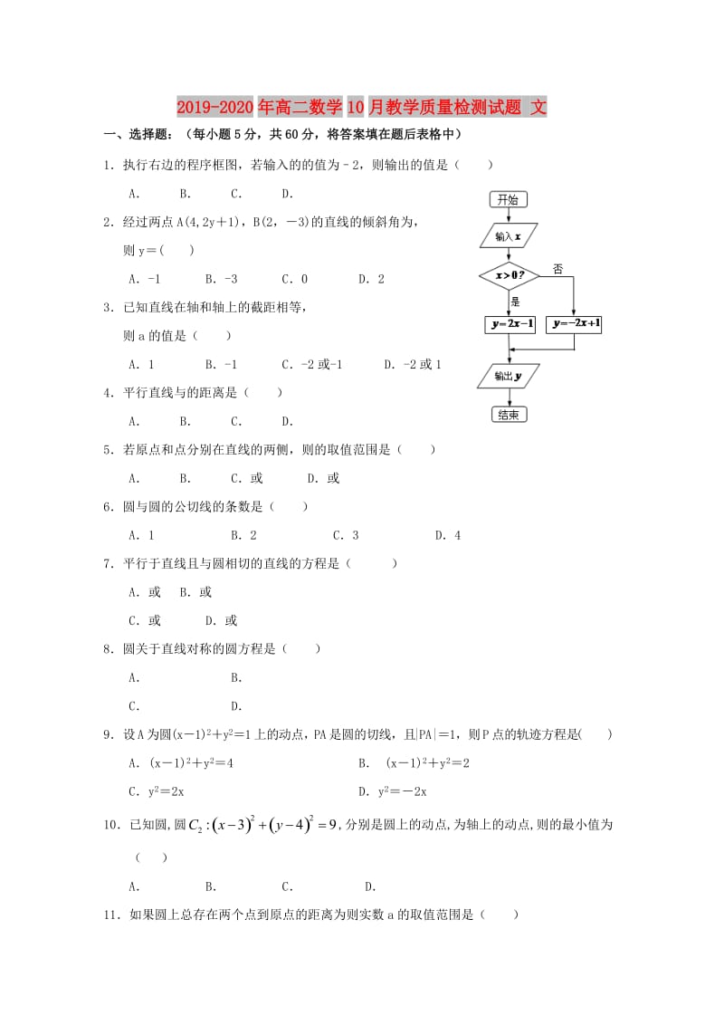 2019-2020年高二数学10月教学质量检测试题 文.doc_第1页