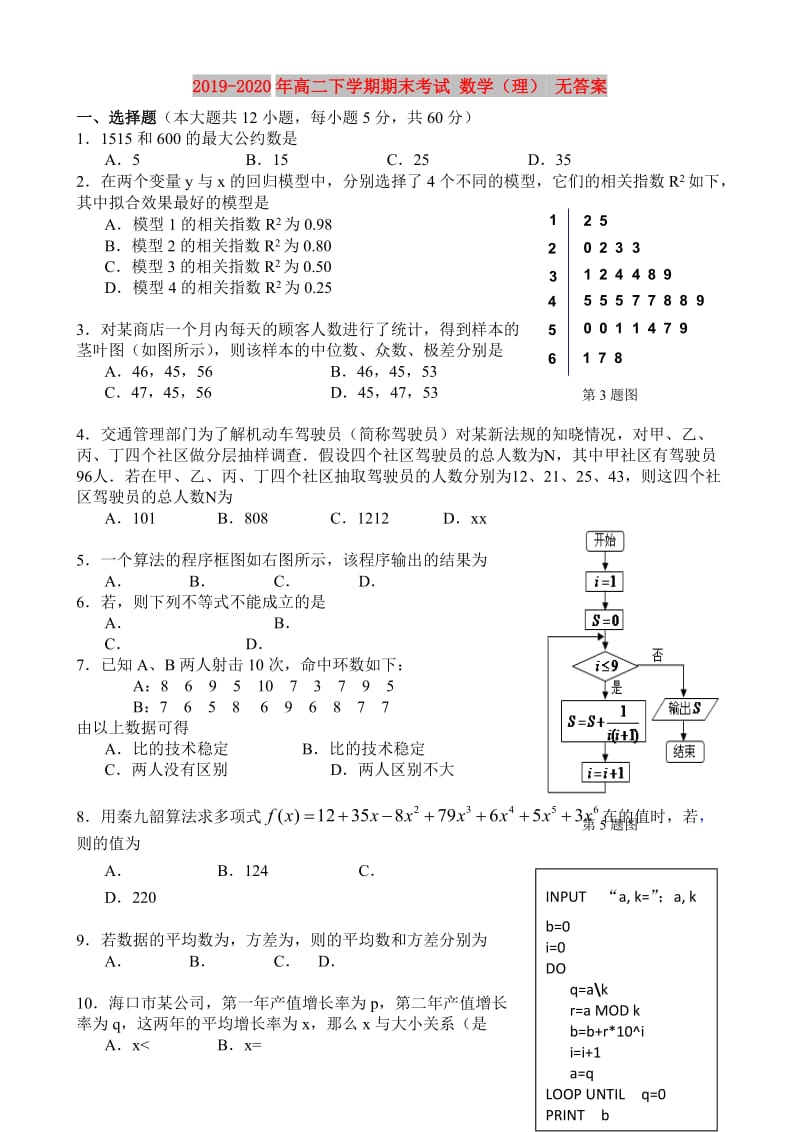 2019-2020年高二下学期期末考试 数学（理） 无答案.doc_第1页