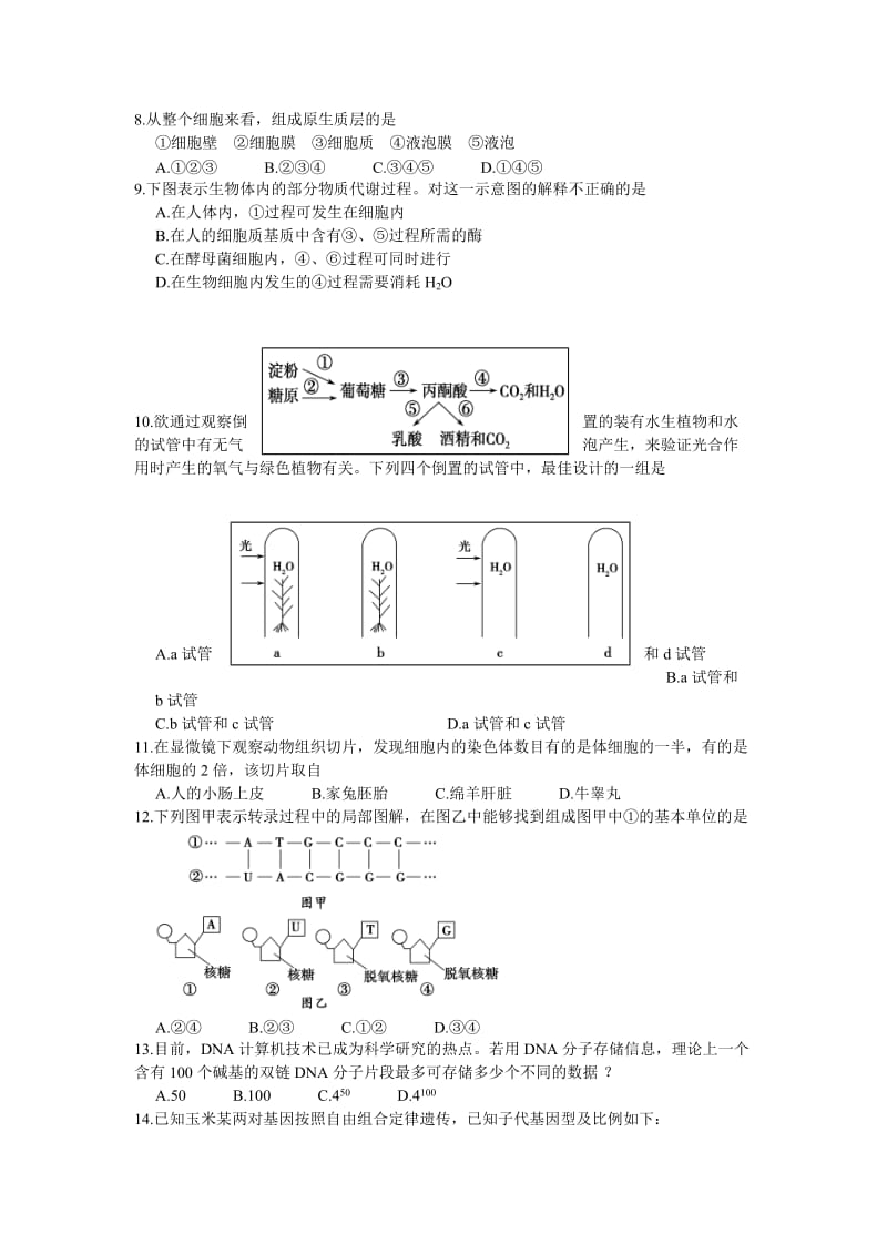 2019-2020年高中学业水平测试生物试题（四）含答案.doc_第2页