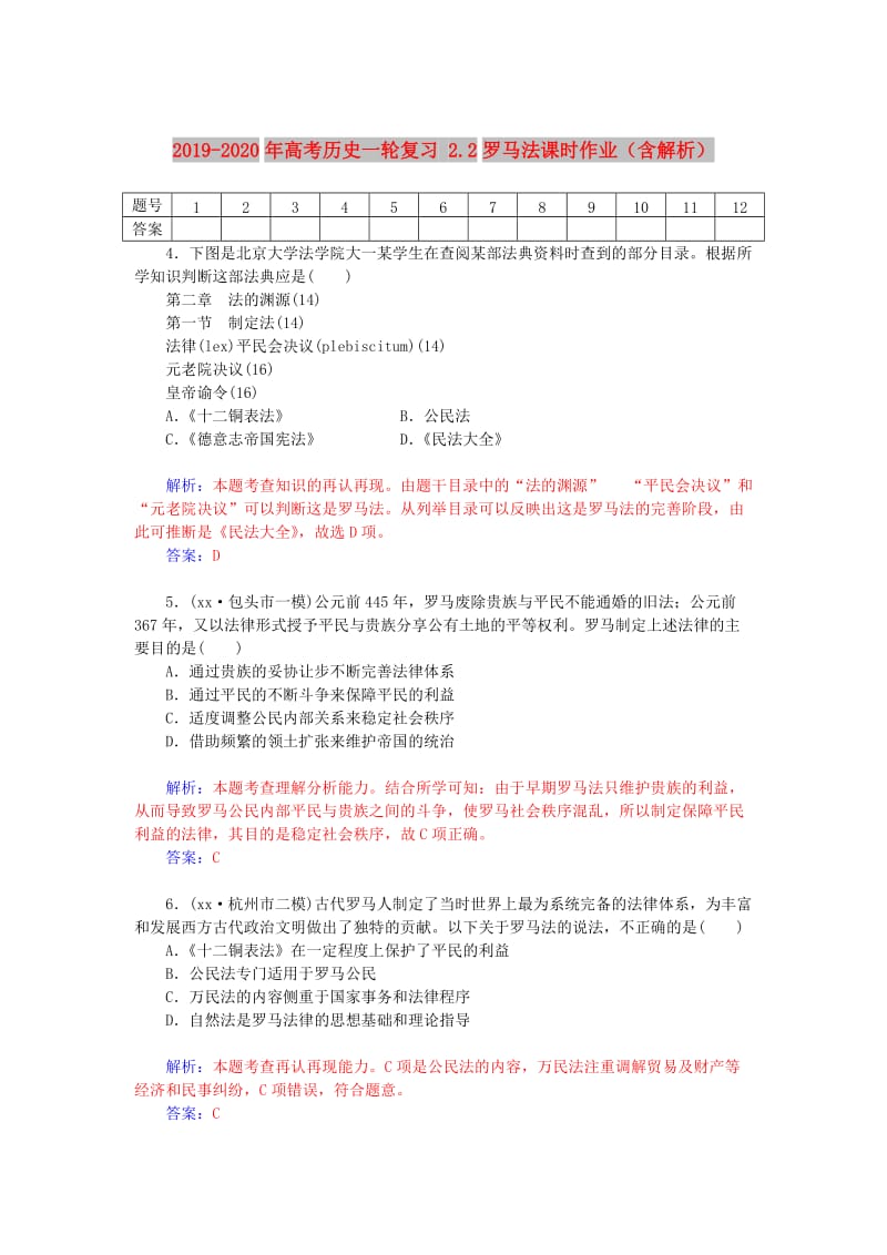 2019-2020年高考历史一轮复习 2.2罗马法课时作业（含解析）.doc_第1页