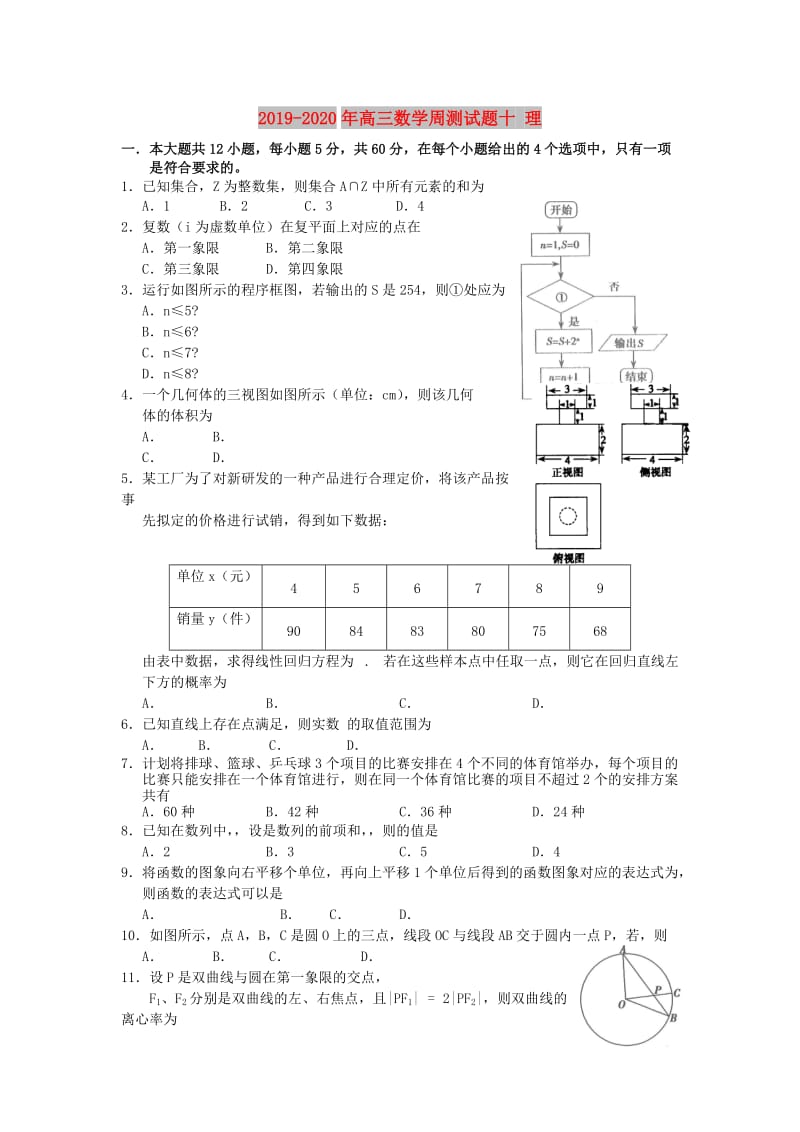 2019-2020年高三数学周测试题十 理.doc_第1页