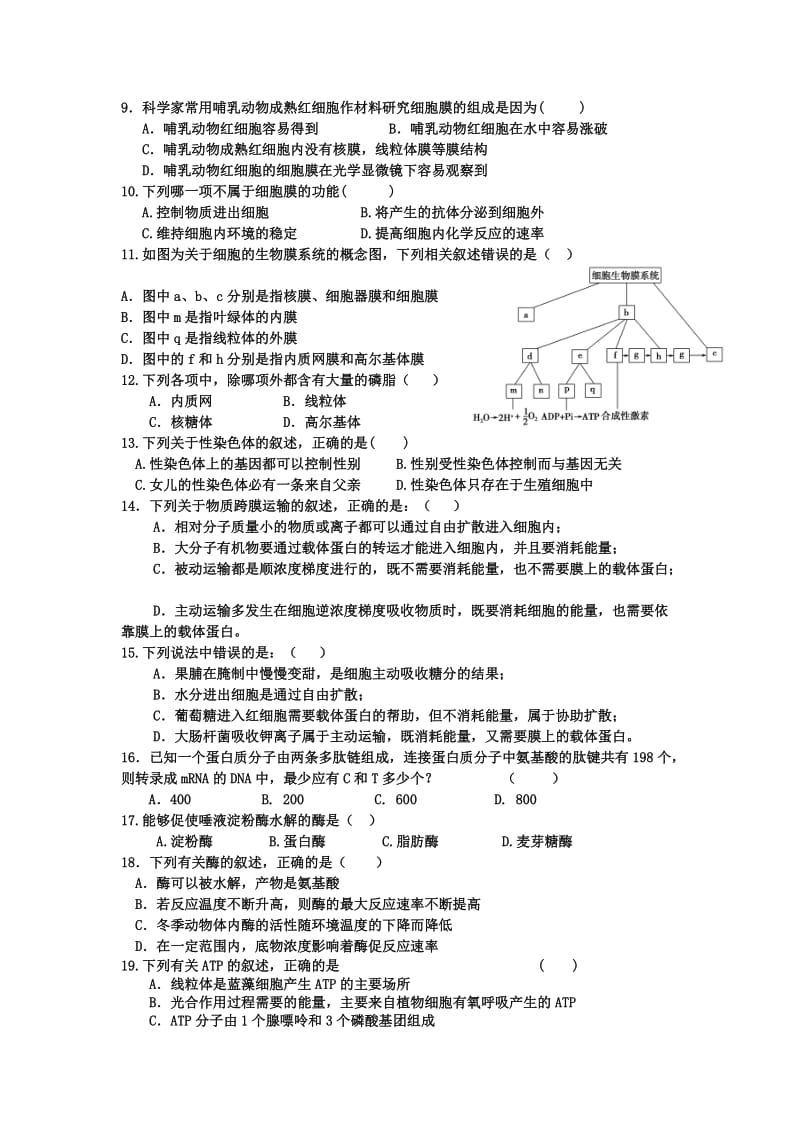 2019-2020年高三第一学期期中模块考试生物试题.doc_第2页