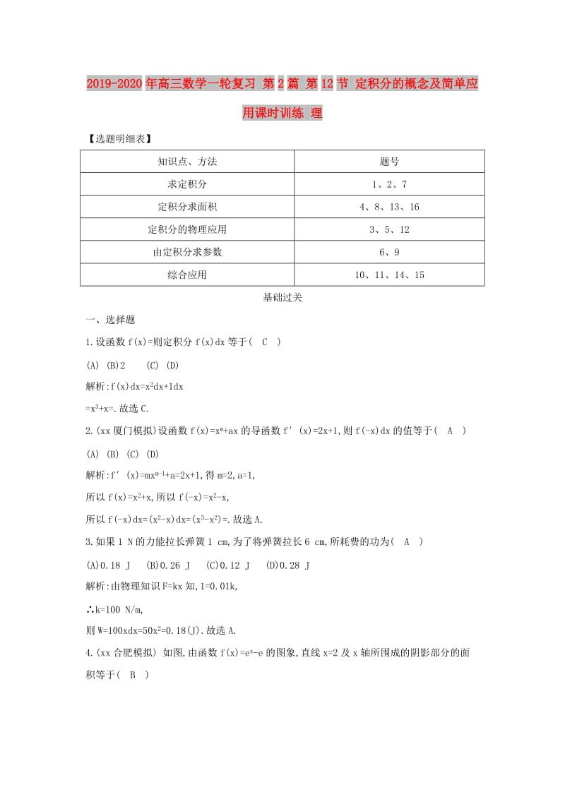 2019-2020年高三数学一轮复习 第2篇 第12节 定积分的概念及简单应用课时训练 理.doc_第1页