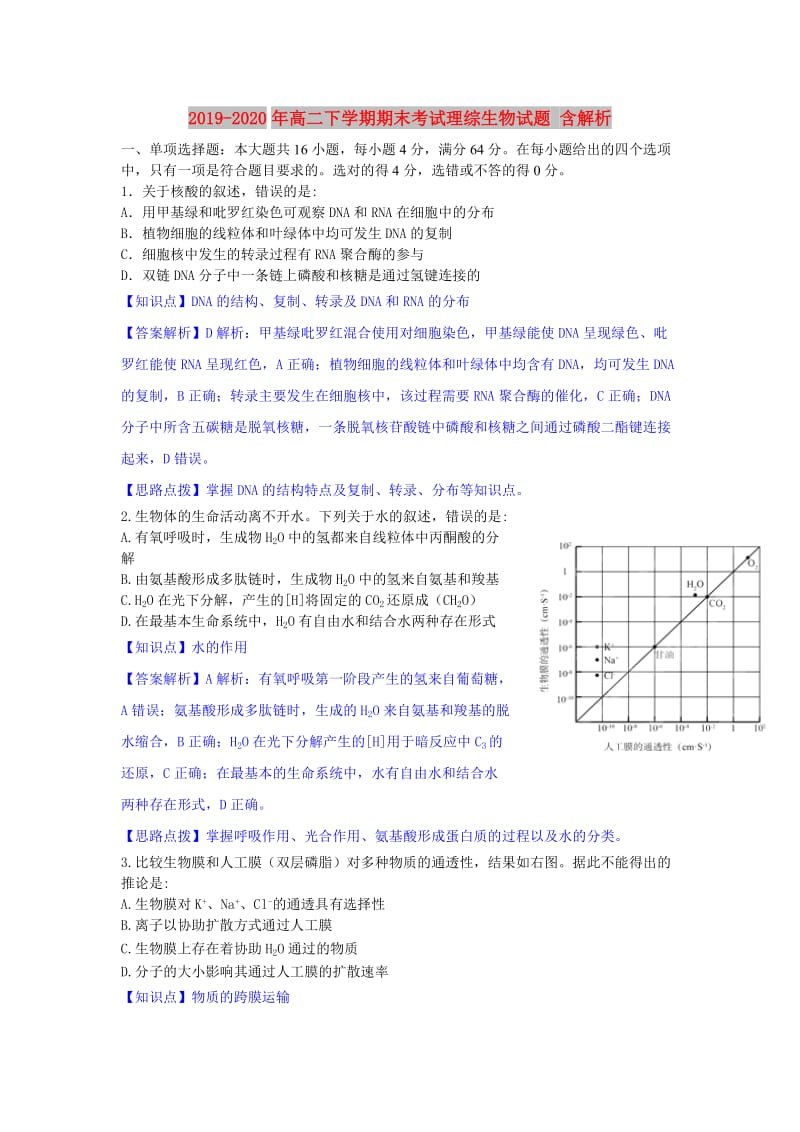 2019-2020年高二下学期期末考试理综生物试题 含解析.doc_第1页