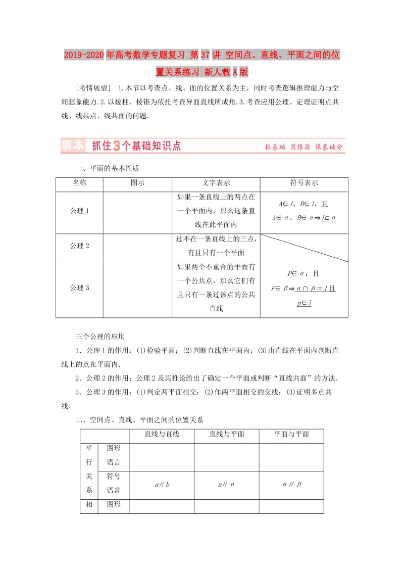 2019-2020年高考数学专题复习 第37讲 空间点、直线、平面之间的位置关系练习 新人教A版.doc_第1页