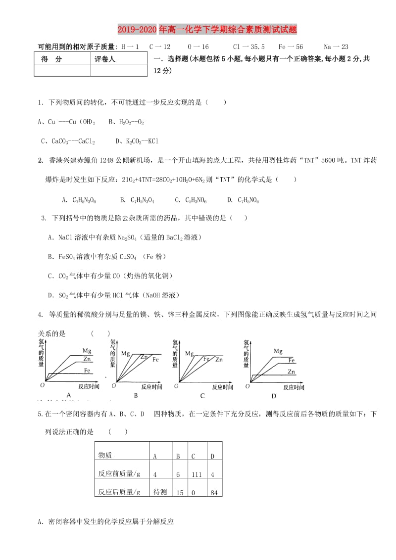 2019-2020年高一化学下学期综合素质测试试题.doc_第1页