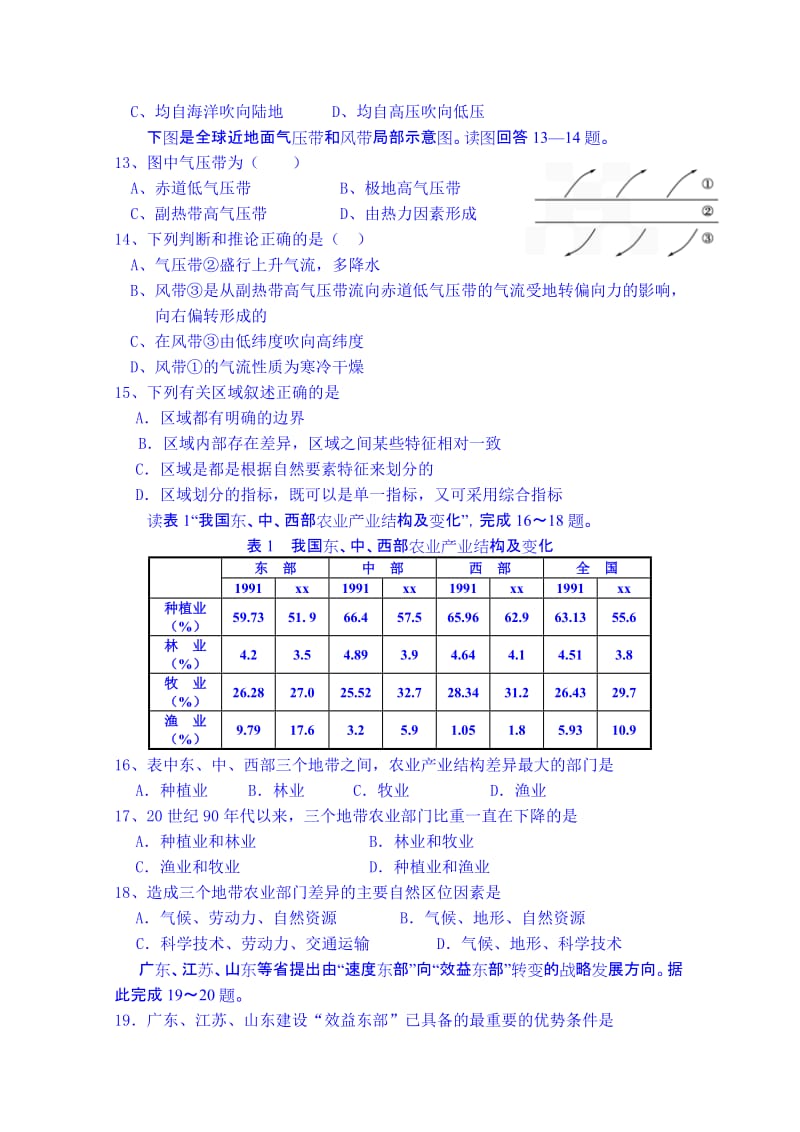 2019-2020年高二上学期阶段性测试地理试题（必修） Word版含答案.doc_第3页