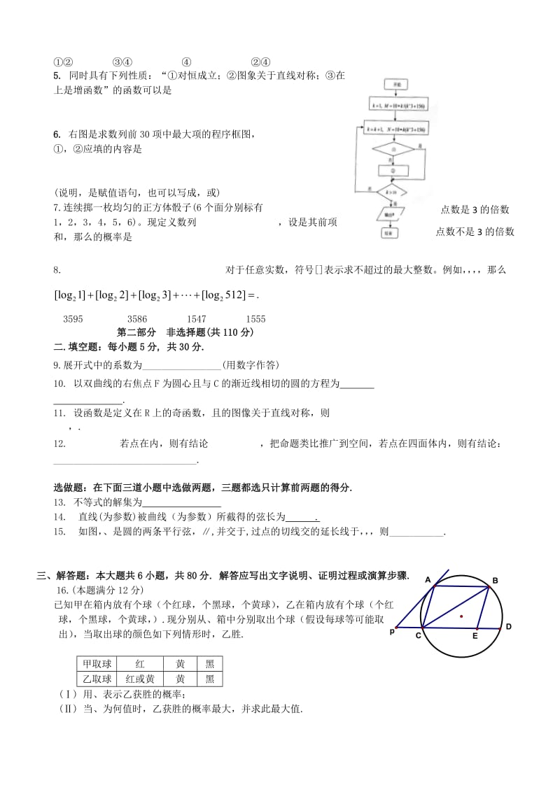 2019-2020年高三第二次模拟测试（数学理）.doc_第2页