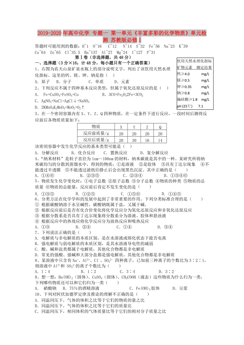 2019-2020年高中化学 专题一 第一单元《丰富多彩的化学物质》单元检测 苏教版必修1.doc_第1页