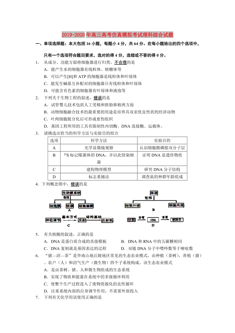 2019-2020年高三高考仿真模拟考试理科综合试题.doc_第1页