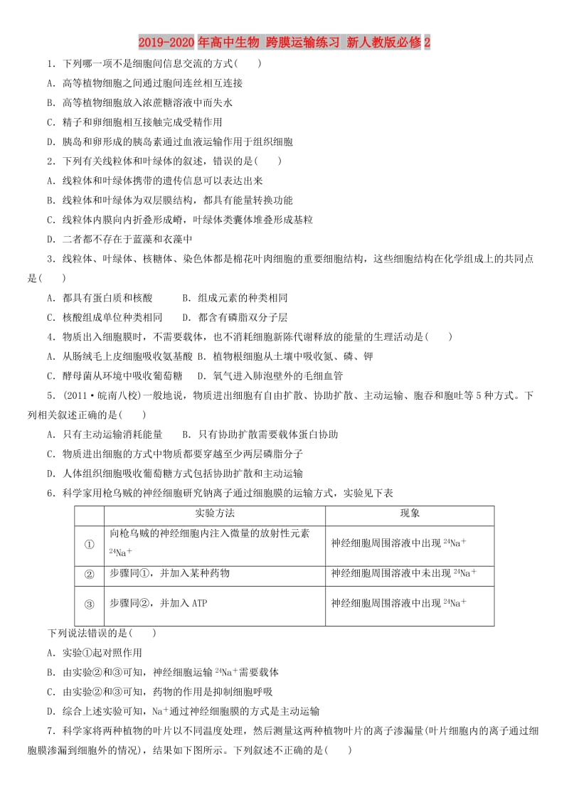 2019-2020年高中生物 跨膜运输练习 新人教版必修2.doc_第1页