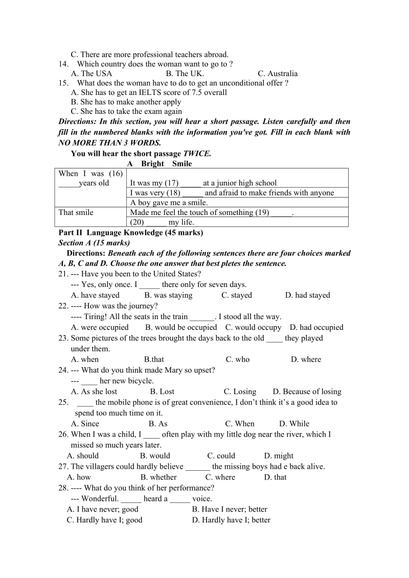 2019-2020年高二上学期入学考试 英语 含答案.doc_第2页