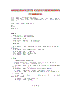 2019-2020年高考數(shù)學(xué)復(fù)習(xí) 專題06 三角函數(shù) 任意角和弧度制及任意角的三角函數(shù)考點(diǎn)剖析.doc