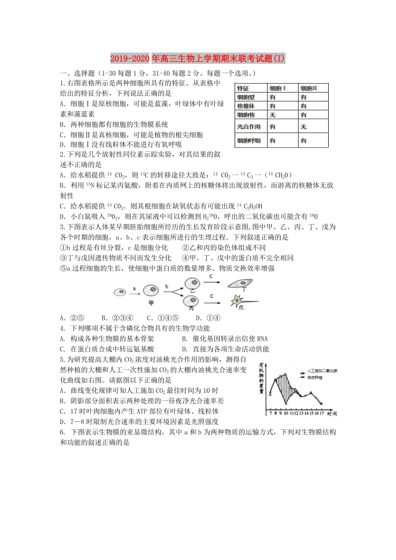 2019-2020年高三生物上学期期末联考试题(I).doc_第1页