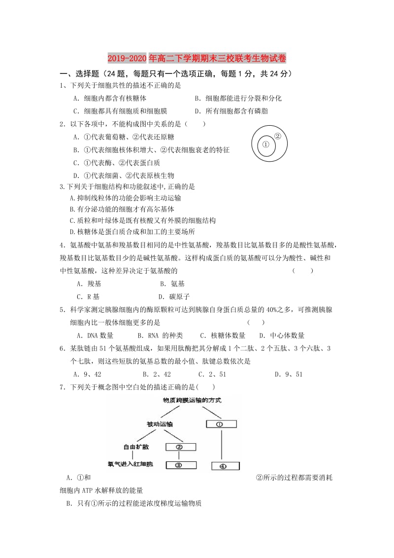 2019-2020年高二下学期期末三校联考生物试卷.doc_第1页