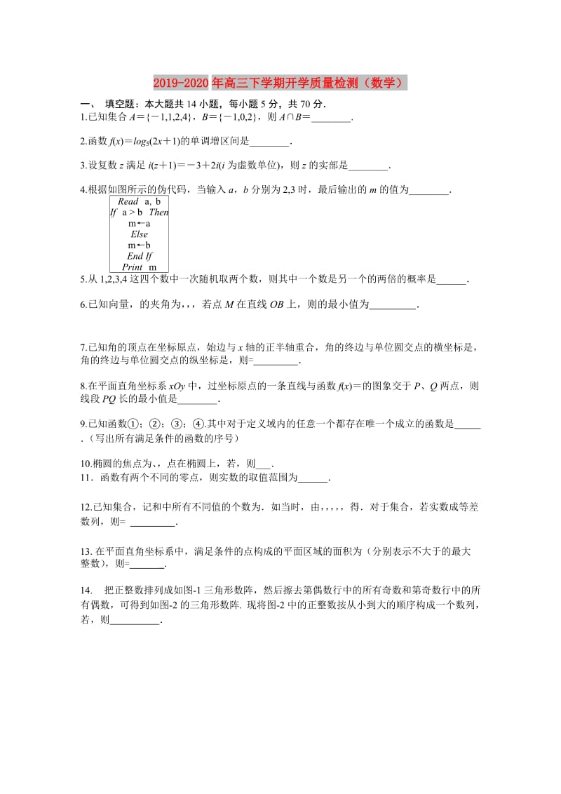2019-2020年高三下学期开学质量检测（数学）.doc_第1页