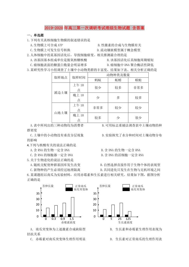 2019-2020年高三第一次调研考试理综生物试题 含答案.doc_第1页