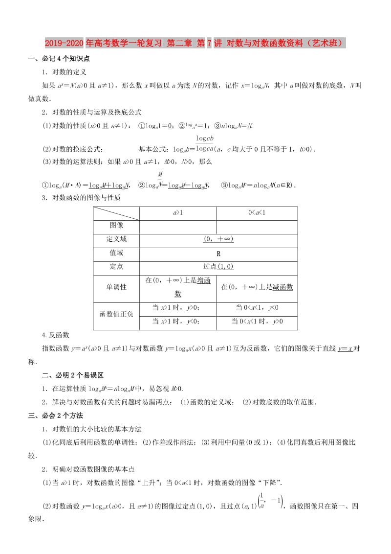 2019-2020年高考数学一轮复习 第二章 第7讲 对数与对数函数资料（艺术班）.doc_第1页