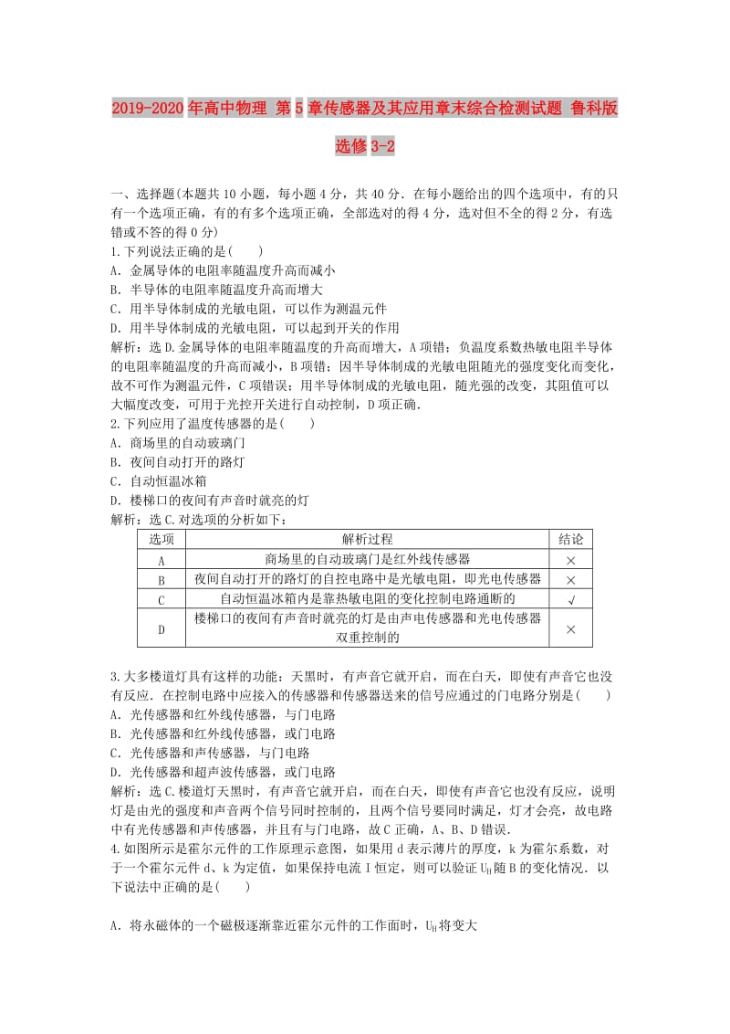 2019-2020年高中物理 第5章传感器及其应用章末综合检测试题 鲁科版选修3-2.doc_第1页