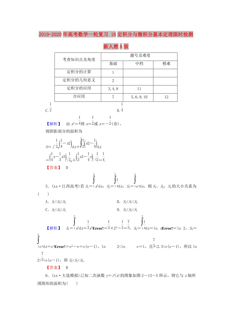 2019-2020年高考数学一轮复习 16定积分与微积分基本定理限时检测 新人教A版.doc_第1页