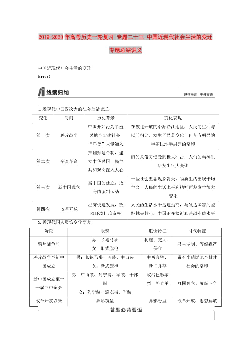 2019-2020年高考历史一轮复习 专题二十三 中国近现代社会生活的变迁专题总结讲义.doc_第1页