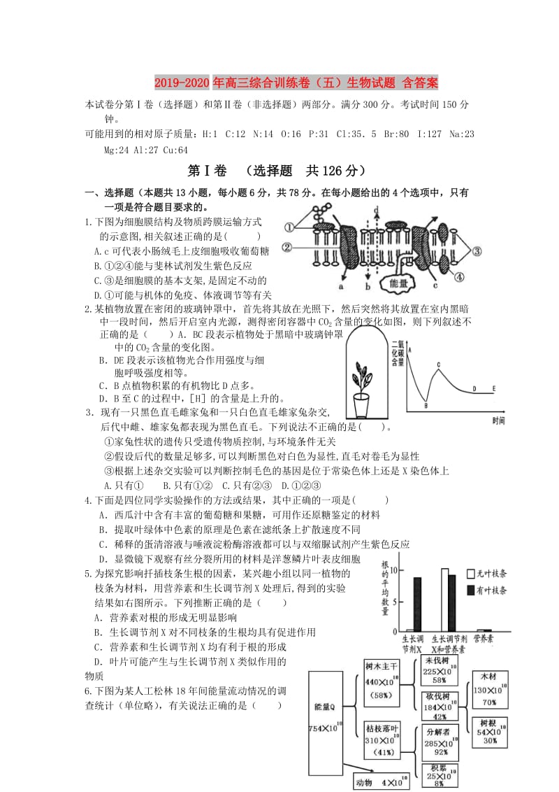 2019-2020年高三综合训练卷（五）生物试题 含答案.doc_第1页