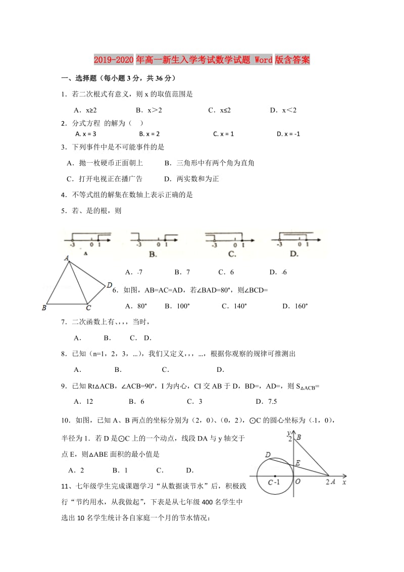 2019-2020年高一新生入学考试数学试题 Word版含答案.doc_第1页