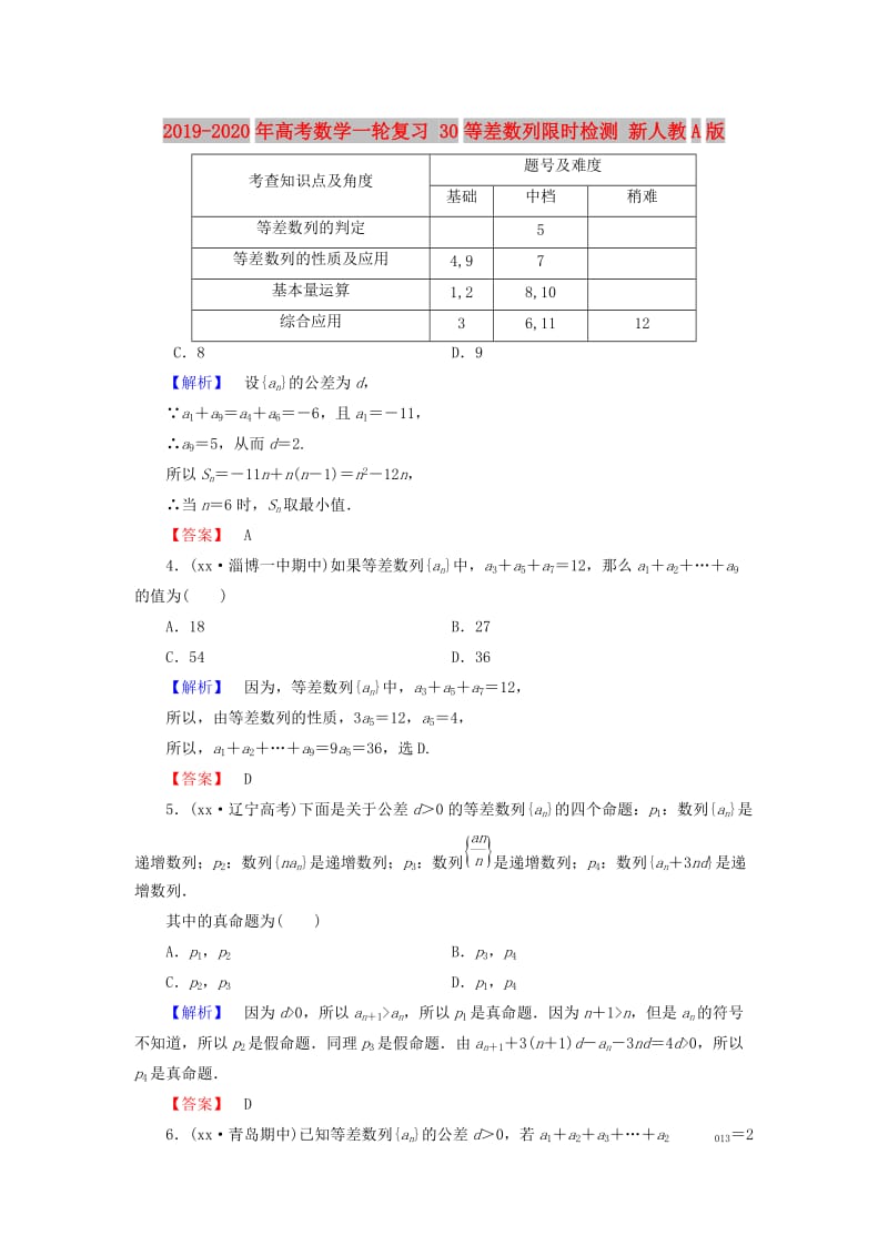 2019-2020年高考数学一轮复习 30等差数列限时检测 新人教A版.doc_第1页