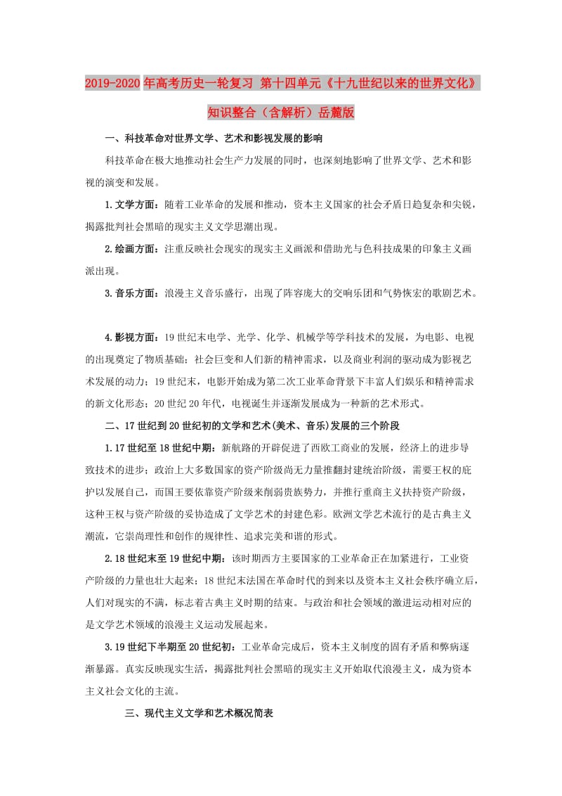 2019-2020年高考历史一轮复习 第十四单元《十九世纪以来的世界文化》知识整合（含解析）岳麓版.doc_第1页