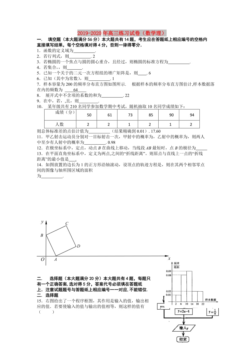 2019-2020年高三练习试卷（数学理）.doc_第1页