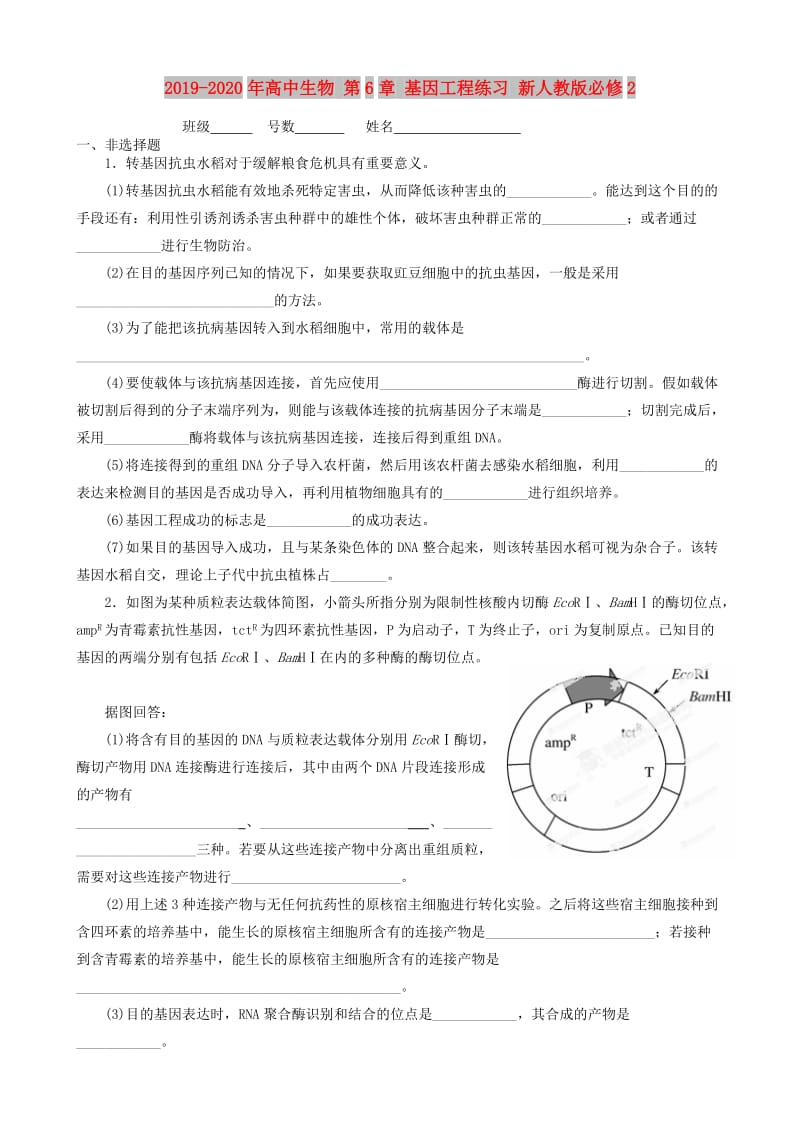 2019-2020年高中生物 第6章 基因工程练习 新人教版必修2.doc_第1页