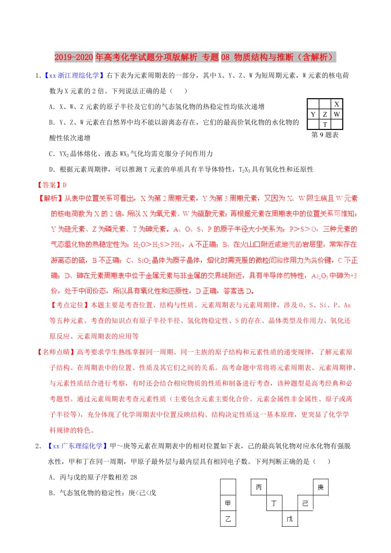 2019-2020年高考化学试题分项版解析 专题08 物质结构与推断（含解析）.doc_第1页