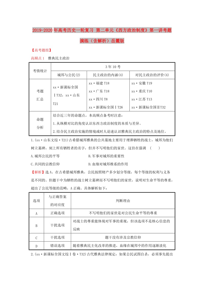 2019-2020年高考历史一轮复习 第二单元《西方政治制度》第一讲考题演练（含解析）岳麓版.doc_第1页