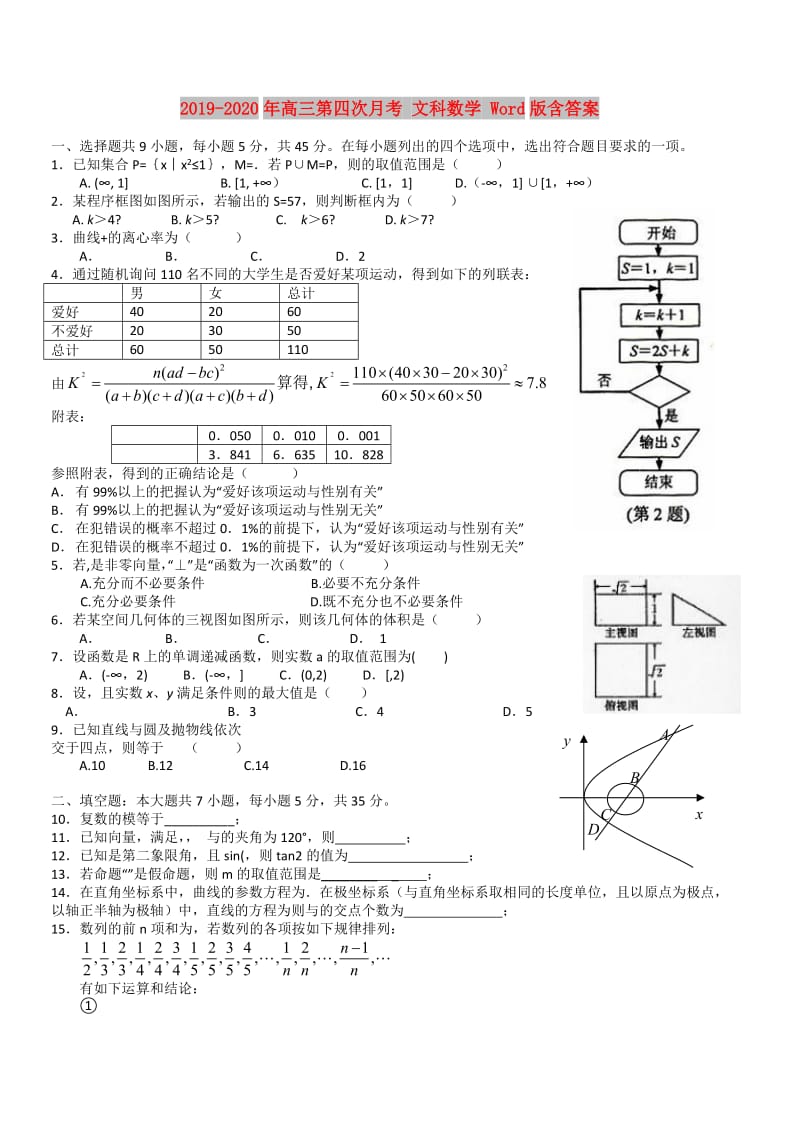 2019-2020年高三第四次月考 文科数学 Word版含答案.doc_第1页