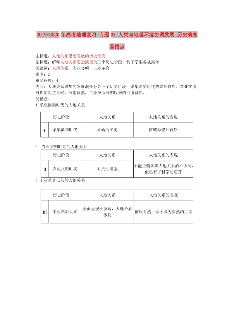 2019-2020年高考地理复习 专题07 人类与地理环境协调发展 历史演变易错点.doc_第1页