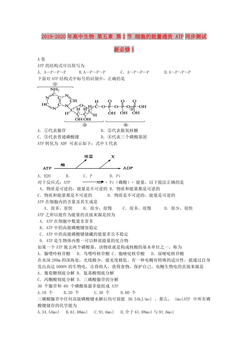 2019-2020年高中生物 第五章 第2节 细胞的能量通货 ATP同步测试 新必修1.doc_第1页