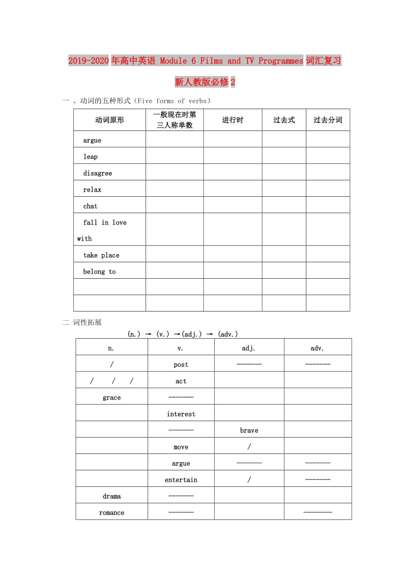 2019-2020年高中英语 Module 6 Films and TV Programmes词汇复习 新人教版必修2.doc_第1页