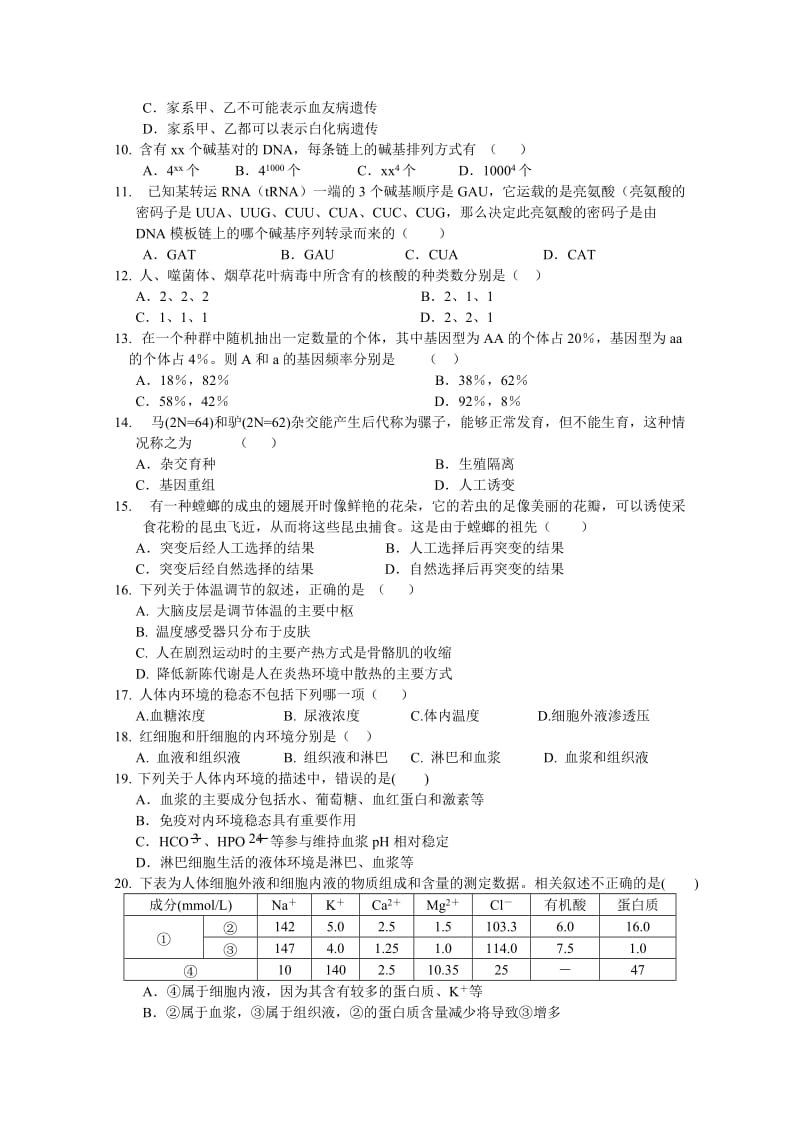 2019-2020年高二上学期开学考查生物（选修）含答案.doc_第2页