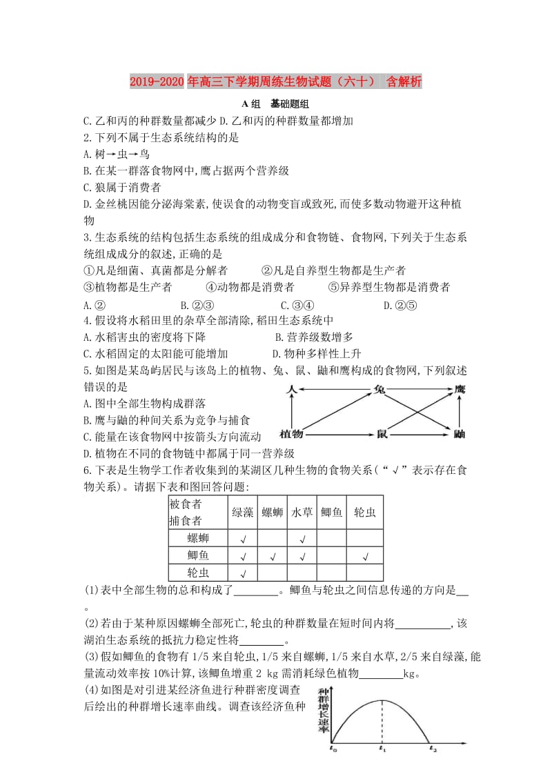 2019-2020年高三下学期周练生物试题（六十） 含解析 .doc_第1页