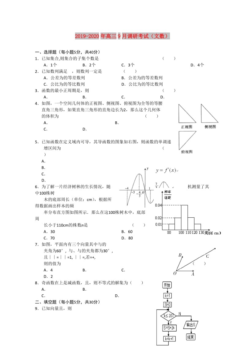 2019-2020年高三9月调研考试（文数）.doc_第1页