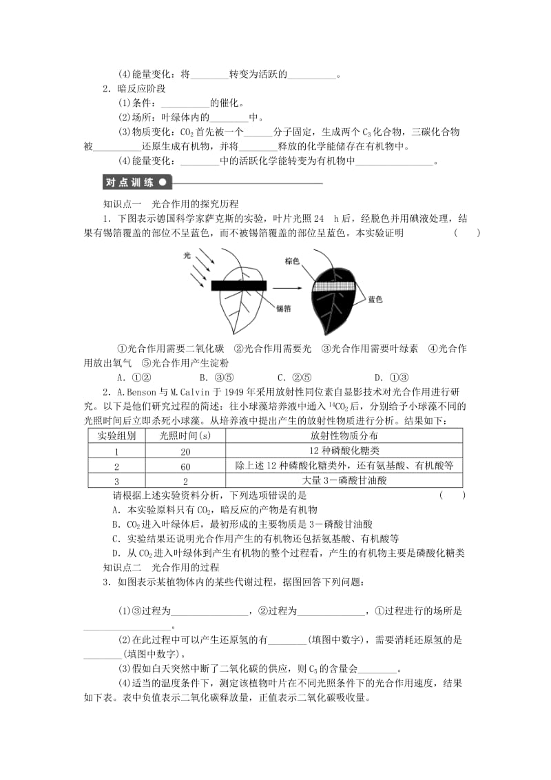 2019-2020年高中生物 第五章 第23课时 光合作用的探究历程和光合作用过程课时作业 新人教版必修1.doc_第2页