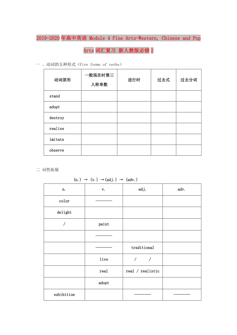 2019-2020年高中英语 Module 4 Fine Arts-Western, Chinese and Pop Arts词汇复习 新人教版必修2.doc_第1页