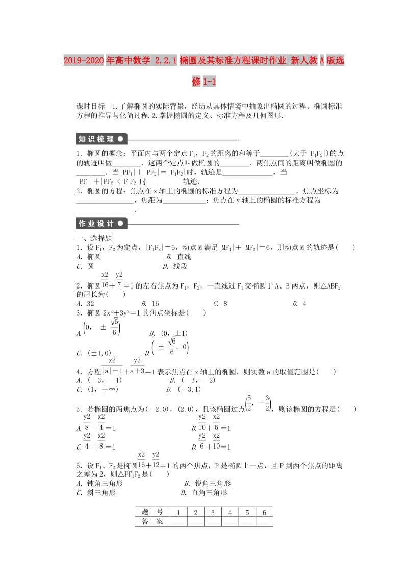 2019-2020年高中数学 2.2.1椭圆及其标准方程课时作业 新人教A版选修1-1.doc_第1页