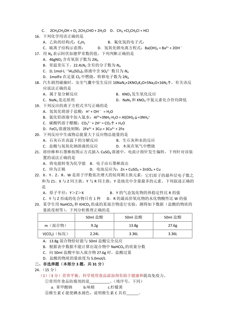 2019-2020年高二上学期学业水平测试模拟化学试题（二）含答案.doc_第2页