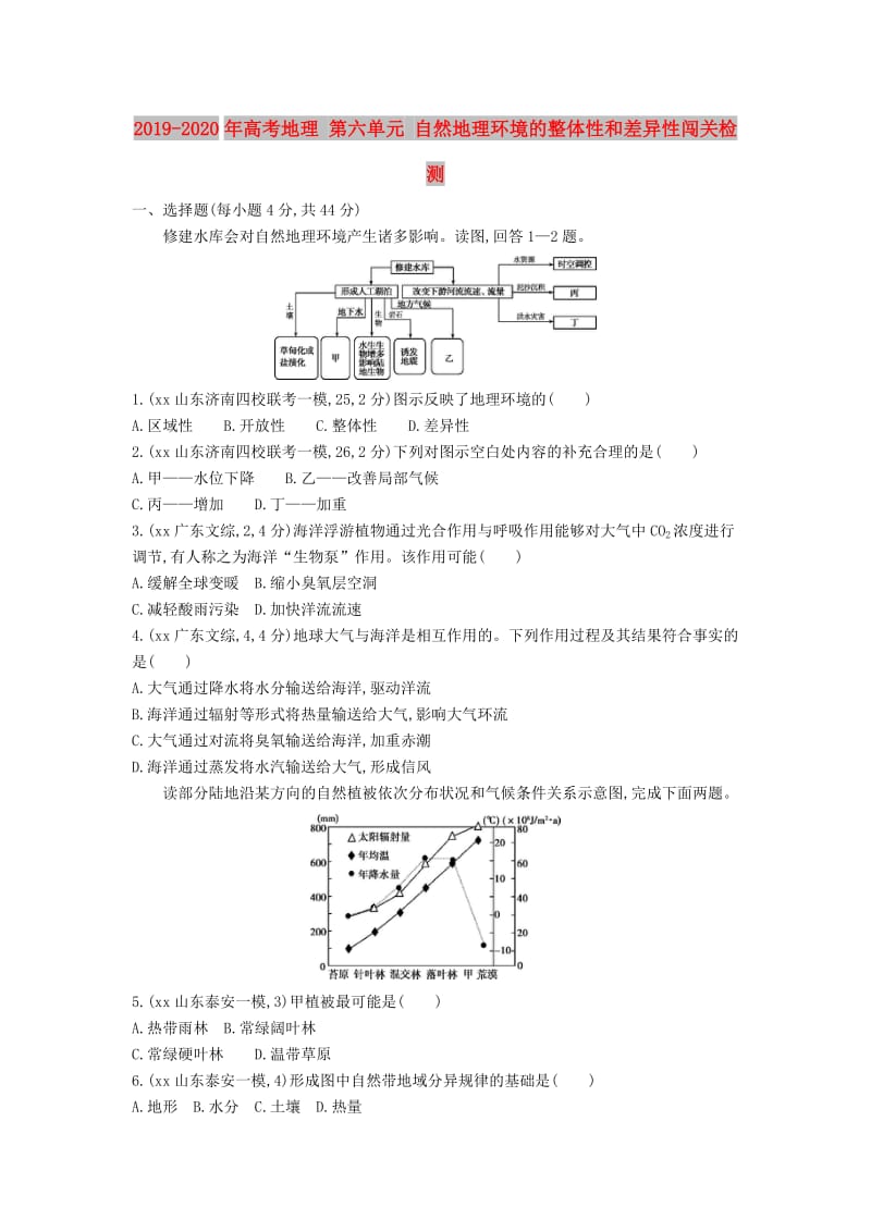 2019-2020年高考地理 第六单元 自然地理环境的整体性和差异性闯关检测.DOC_第1页