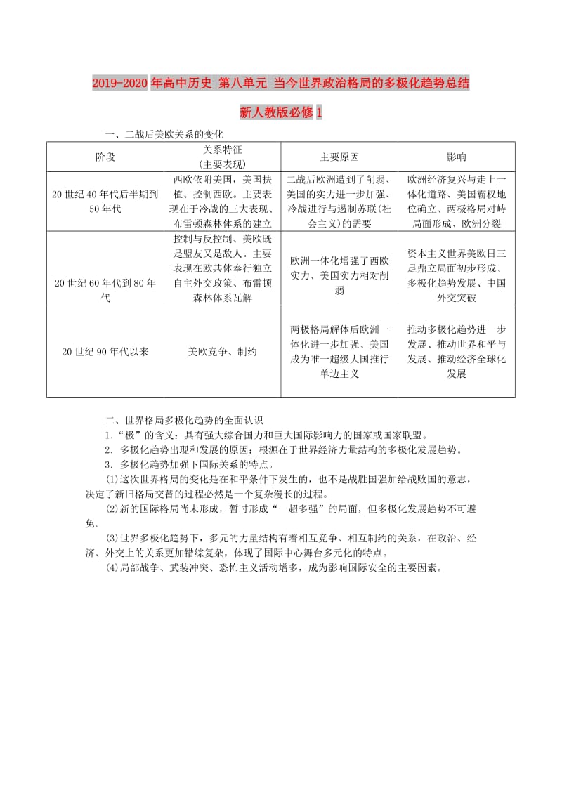 2019-2020年高中历史 第八单元 当今世界政治格局的多极化趋势总结 新人教版必修1.doc_第1页